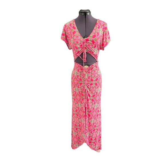 Misa Los‎ Angeles Pink Carlotta Ruched Maxi Dress Plunge Neckline Cutouts M - Picture 2 of 15